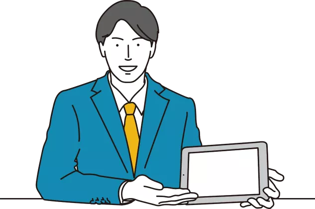 デスクでパソコンに向かい、要件を整理する専任担当者のイラスト